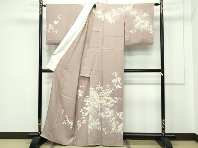 平和屋着物▽訪問着 単衣 訪問着 刺繍 草花文 たたき染め 金彩 銀煤竹色地 伊勢丹扱い 正絹 逸品 CABF4416rv