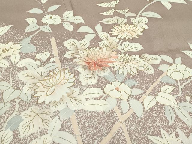 平和屋着物▽訪問着 単衣 訪問着 刺繍 草花文 たたき染め 金彩 銀煤竹色地 伊勢丹扱い 正絹 逸品 CABF4416rv