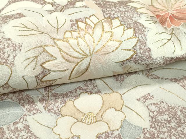 平和屋着物▽訪問着 単衣 訪問着 刺繍 草花文 たたき染め 金彩 銀煤竹色地 伊勢丹扱い 正絹 逸品 CABF4416rv