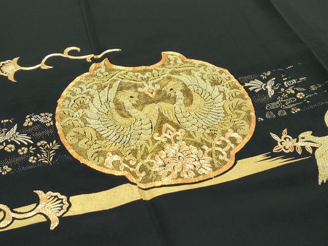 平和屋着物▽豪華黒留袖 単衣 駒刺繍 中国三大刺繍 相良刺繍 花喰い鳥鳳凰唐草文 金彩 正絹 逸品 CABF4424rv