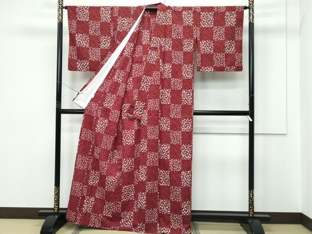 平和屋着物▽小紋 単衣 市松舞桜文 洗える着物 CABF4453rv