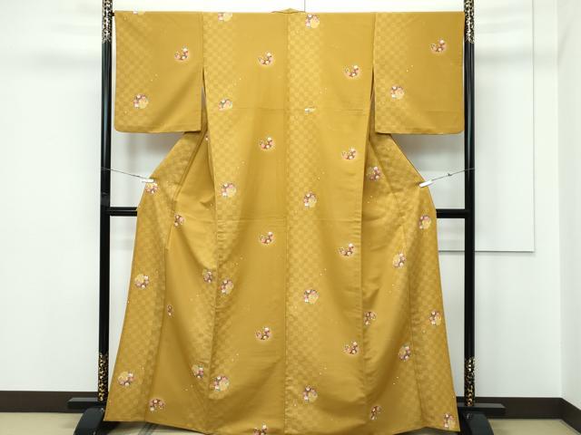 平和屋着物▽小紋 単衣 市松雪輪桜文 洗える着物 CABF4463rv