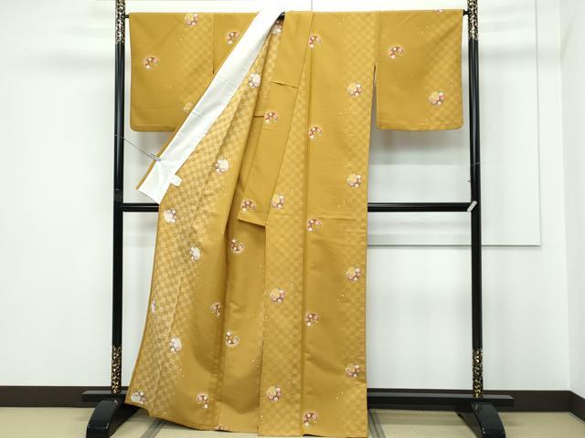 平和屋着物▽小紋 単衣 市松雪輪桜文 洗える着物 CABF4463rv