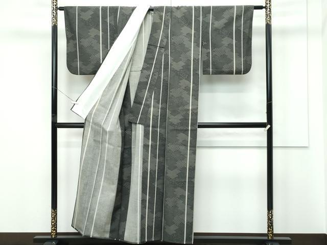 平和屋着物▽江戸小紋 単衣 寄せ小紋柄 間道 黒地 正絹 逸品 CABF4481rv