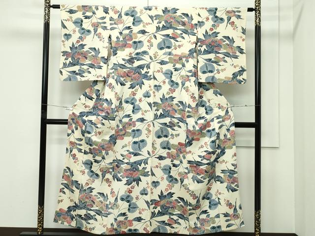 平和屋着物▽上質な小紋 単衣 型染め 草花文 正絹 逸品 CABF4528rv
