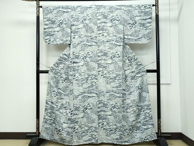 平和屋着物▽上質な小紋 単衣 型染め 松楓風景文 正絹 逸品 CABF4535rv