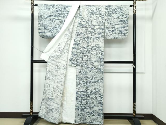平和屋着物▽上質な小紋 単衣 型染め 松楓風景文 正絹 逸品 CABF4535rv