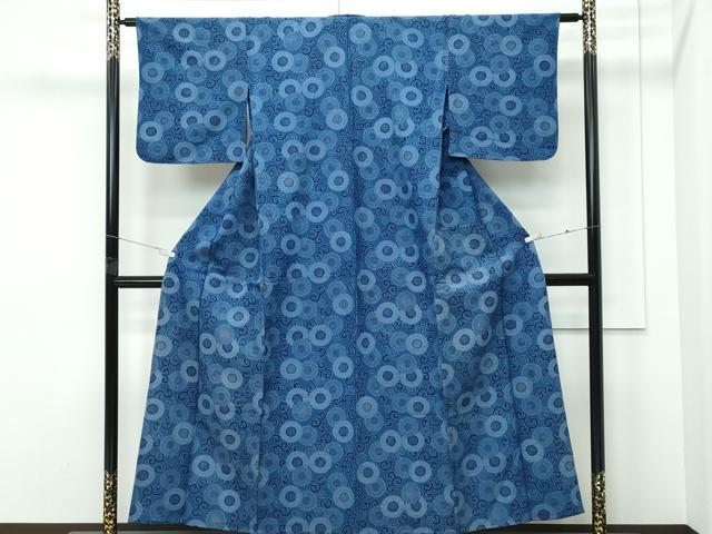 平和屋着物▽上質な小紋 単衣 藍 型染め 菊唐草文 正絹 逸品 CABF4543rv