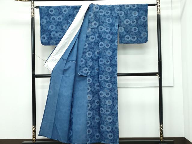 平和屋着物▽上質な小紋 単衣 藍 型染め 菊唐草文 正絹 逸品 CABF4543rv