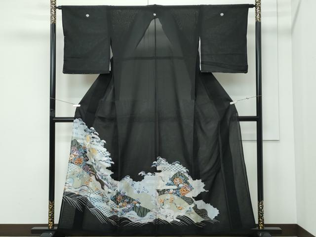 平和屋着物*夏物 黒留袖 絽 刺繍 立波飛鶴草花文 金銀糸 洗える着物 未使用 CABF4569rv