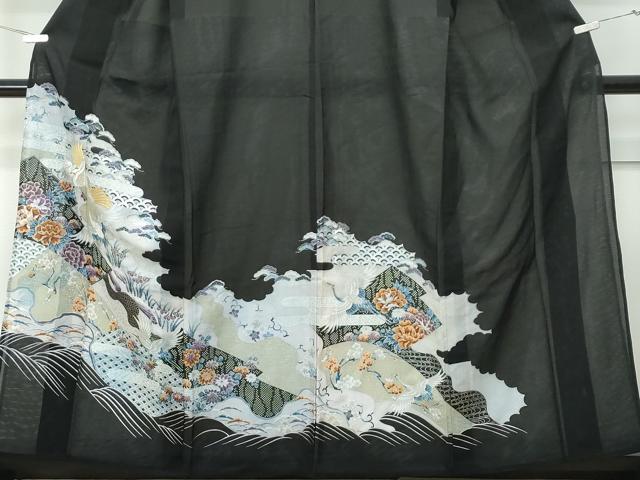 平和屋着物*夏物 黒留袖 絽 刺繍 立波飛鶴草花文 金銀糸 洗える着物 未使用 CABF4569rv