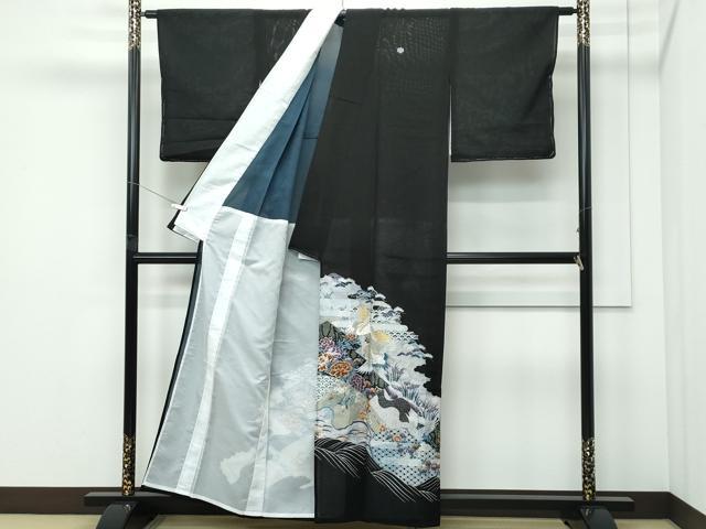 平和屋着物*夏物 黒留袖 絽 刺繍 立波飛鶴草花文 金銀糸 洗える着物 未使用 CABF4569rv