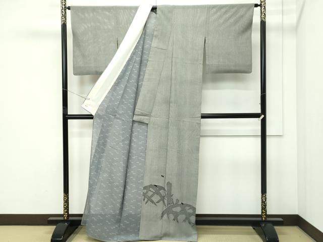 平和屋着物*夏物 小宮康孝 訪問着 江戸小紋 絽 万筋 黒×絹鼠色 籬蛍文 金糸 両面染 三越扱い 正絹 逸品 CABF4602rv
