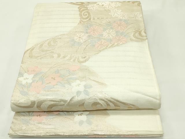 平和屋着物*夏物 六通柄袋帯 流水地紙草花文 金糸 正絹 逸品 CABF4661rv