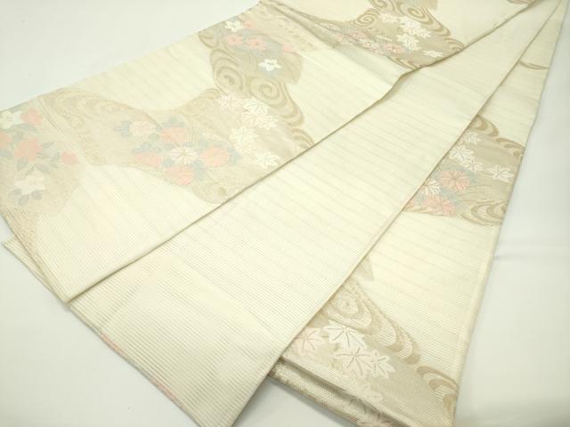 平和屋着物*夏物 六通柄袋帯 流水地紙草花文 金糸 正絹 逸品 CABF4661rv