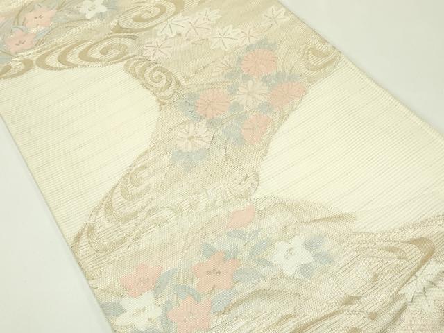 平和屋着物*夏物 六通柄袋帯 流水地紙草花文 金糸 正絹 逸品 CABF4661rv
