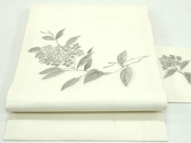 平和屋着物*夏物 九寸名古屋帯 作家物 民芸手織 生つむぎ 手描き 紫陽花 証紙付き 正絹 逸品 CABF4692rv