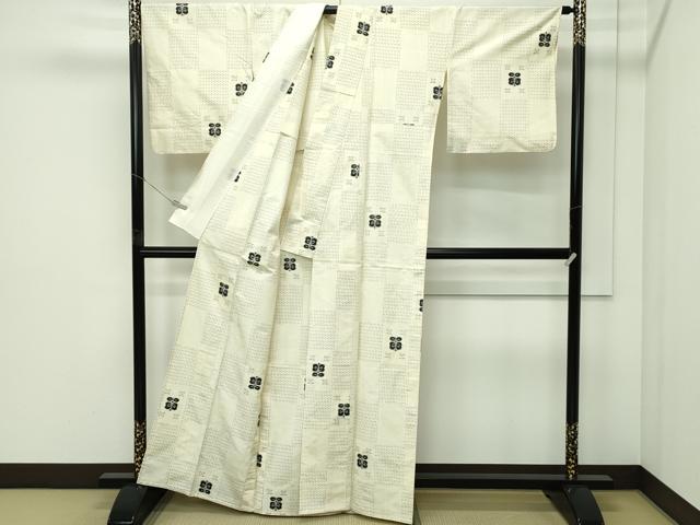 平和屋着物▽上質な紬 単衣 十字絣 市松草花文 正絹 逸品 CABF4728rv