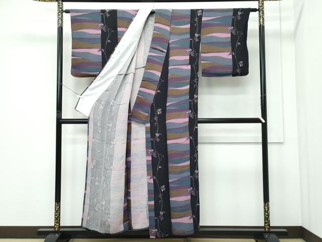 平和屋着物▽上質な小紋 単衣 草花間道 鬼しぼ縮緬 正絹 逸品 CABF4731rv