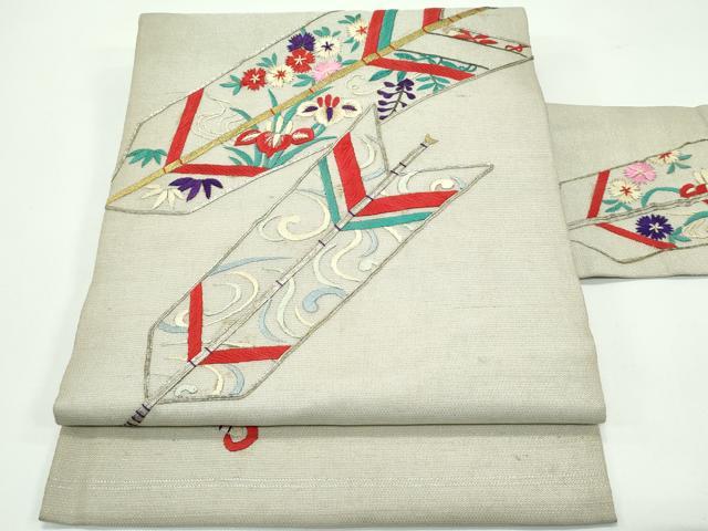 平和屋着物*夏物 アンティーク 大正ロマン 九寸名古屋帯 総刺繍 駒刺繍 矢羽草花文 金銀糸 正絹 逸品 CABF4749rv