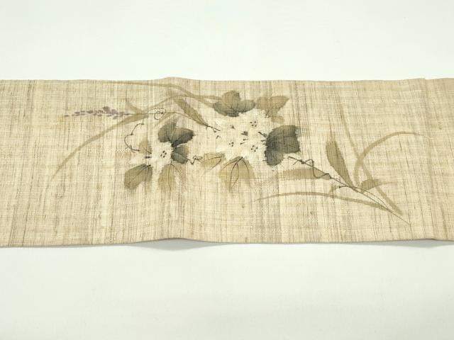 平和屋着物*夏物 九寸名古屋帯 作家物 手描き 草花文 麻 逸品 CABF4768rv