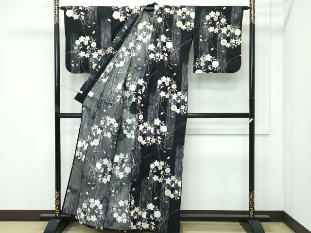 平和屋着物∴夏物 浴衣 花丸文 黒地 綿 逸品 CABF4782rv
