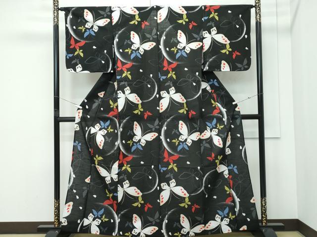 平和屋着物∴夏物 浴衣 舞蝶文 黒地 綿 逸品 CABF4784rv