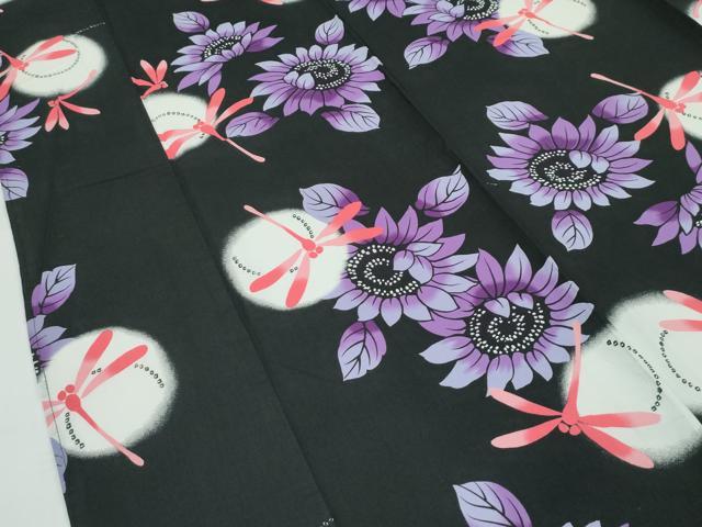 平和屋着物∴夏物 浴衣 トンボ 草花丸文 黒地 綿 逸品 CABF4798rv
