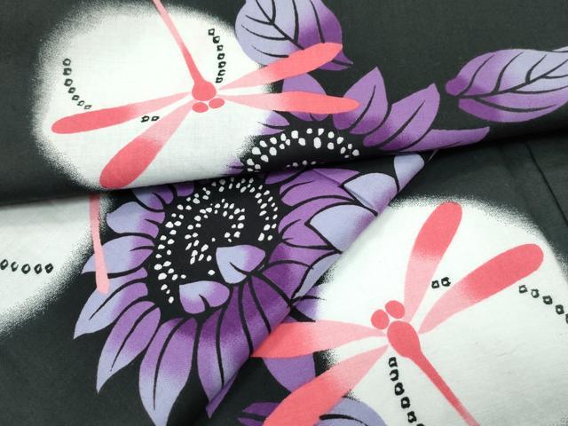 平和屋着物∴夏物 浴衣 トンボ 草花丸文 黒地 綿 逸品 CABF4798rv