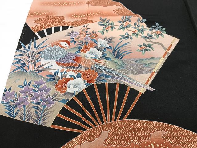 平和屋着物■豪華黒留袖 扇面花鳥文 金彩 正絹 逸品 CABF4919xe
