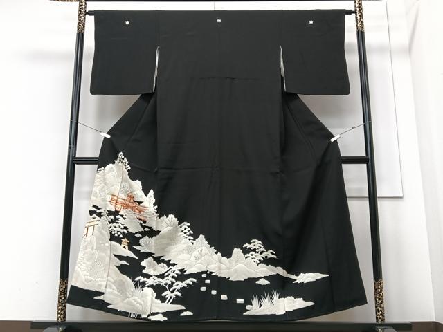 平和屋着物■豪華黒留袖 駒刺繍 風景文 正絹 逸品 CABF4941xe