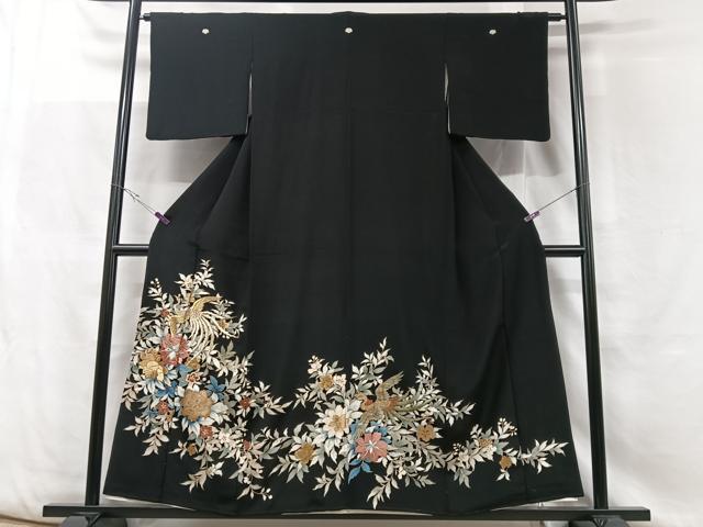 平和屋着物●豪華黒留袖　友禅　作家物　尾長鳥花文　正絹　逸品　BAAW3511mz 平和屋着物□豪華黒留袖 刺繍 花鳥文 金彩 正絹 逸品 CABF5086xe