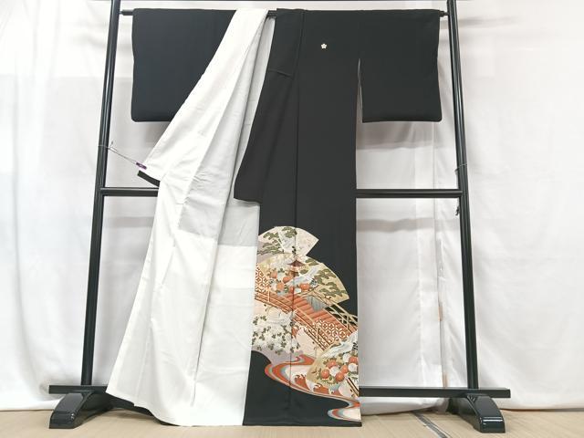 平和屋着物■豪華黒留袖 渡り橋地紙花鳥文 金彩 正絹 逸品 CABF5189xe