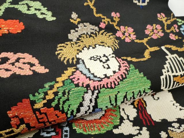 平和屋着物●龍村美術織物 龍村製 つけ帯 人形手錦 黒地 金銀糸 正絹 逸品 CABF5201hy