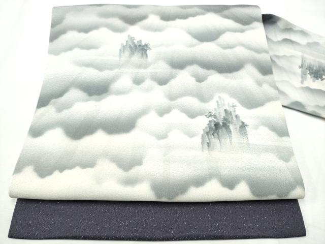 平和屋着物●九寸名古屋帯 霞文 銀通し地 正絹 逸品 CABF5205hy