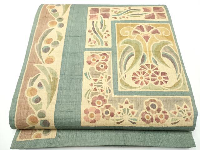 平和屋着物●六通柄袋帯 生紬 型染め 草花文 正絹 逸品 CABF5224hy
