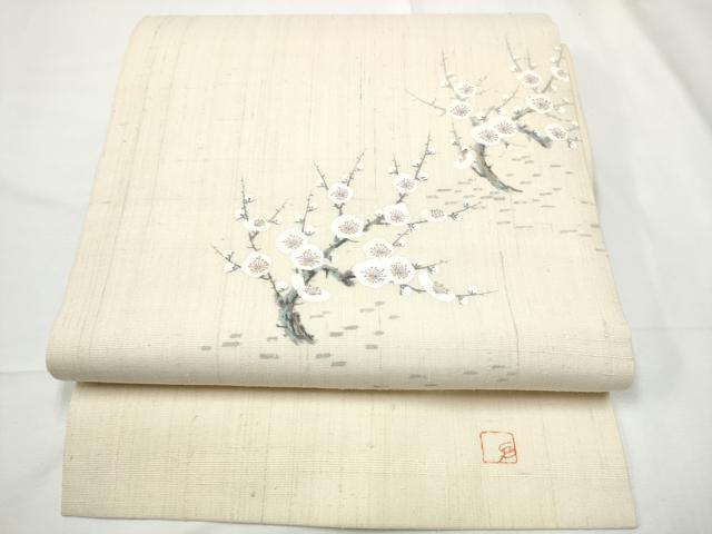 平和屋着物●染色作家 長谷川忠義 九寸名古屋帯 手描き 生紬 枝梅文 金彩 正絹 逸品 CABF5269hy