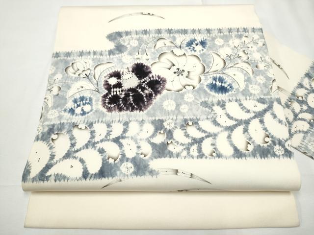 平和屋着物●染色作家　小倉淳史　塩瀬　九寸名古屋帯　絞り　草花文　金彩　正絹　逸品　CABD4349dy 平和屋着物○染色作家 小倉淳史 塩瀬 九寸名古屋帯 絞り 辻が花 正絹