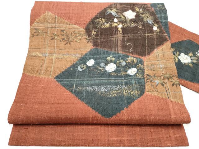 平和屋着物●九寸名古屋帯　絞り　生紬　草花文　金銀彩　正絹　逸品　CABF5292hy 平和屋着物○九寸名古屋帯 絞り 生紬 草花文 金銀彩 正絹