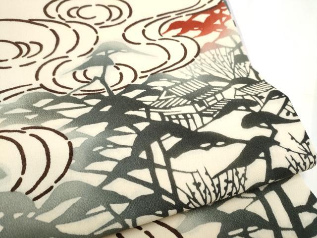 平和屋着物●全通柄袋帯 型染め 流水風景文 正絹 逸品 CABF5308hy