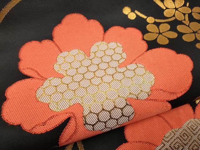 平和屋着物●全通柄 本袋帯 花唐草文 黒地 金糸 三越扱い 正絹 逸品 CABF5326hy