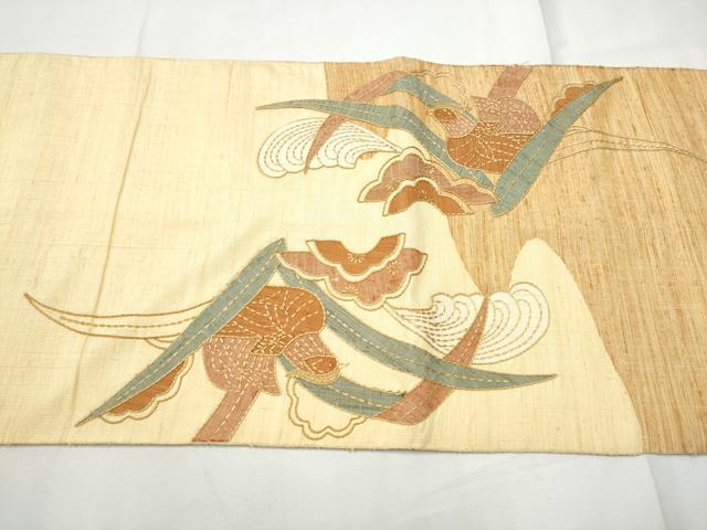 平和屋着物●中国三大刺繍 相良刺繍 太鼓柄袋帯 紬地 刺し子 パッチワーク 花蝶文 正絹 逸品 CABF5346hy