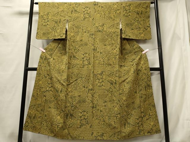平和屋着物■上質な小紋 型染め 切り嵌め吉祥花唐草文 鬼しぼ縮緬 正絹 逸品 CABF5732oy
