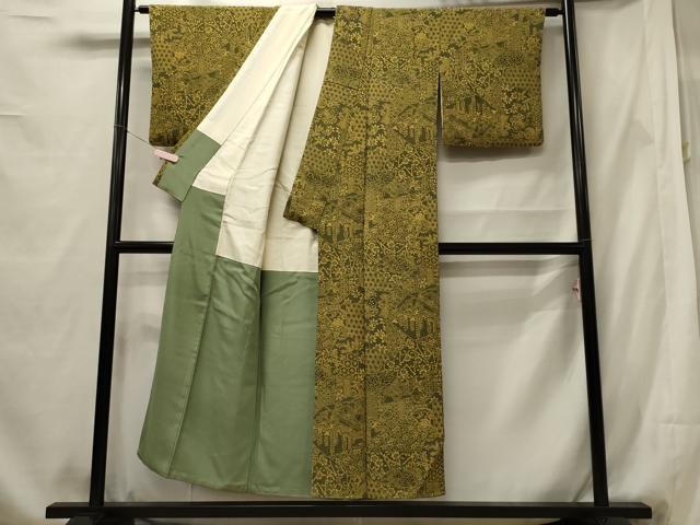 平和屋着物■上質な小紋 型染め 切り嵌め吉祥花唐草文 鬼しぼ縮緬 正絹 逸品 CABF5732oy