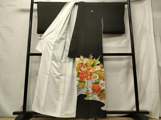 平和屋着物■豪華黒留袖 駒刺繍 尾長鳥花文 金彩 正絹 逸品 CABF5777oy