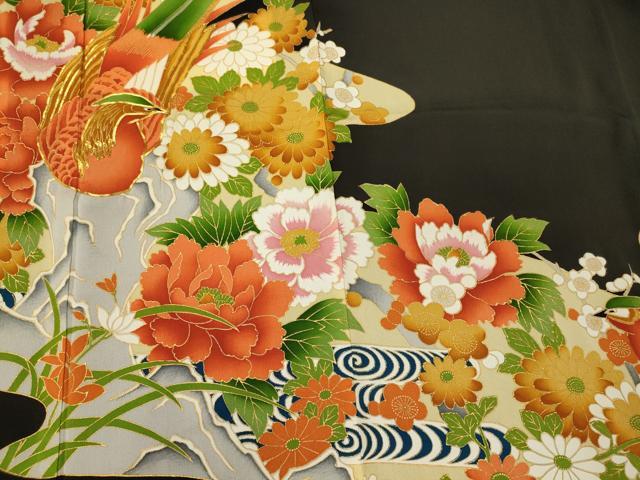 平和屋着物■豪華黒留袖 駒刺繍 尾長鳥花文 金彩 正絹 逸品 CABF5777oy