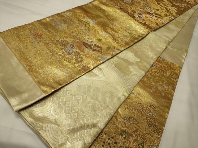 平和屋着物◎佐賀錦 六通柄袋帯 風景花松文 金銀糸 正絹 逸品 CABF5884oy