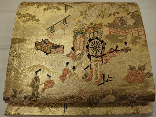 平和屋着物◎六通柄袋帯 御所車人物文 金糸 正絹 逸品 CABF5921oy