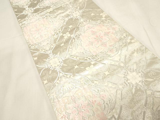 平和屋着物◎六通柄袋帯 唐織 吉祥花文 銀糸 正絹 逸品 CABF6001dy