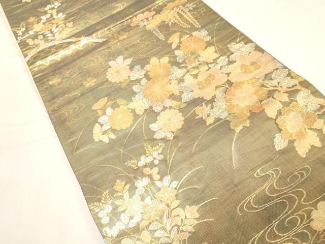 平和屋着物◎六通柄袋帯 流水籬草花文 金銀糸 正絹 逸品 CABF6004dy
